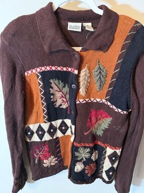 Classic Elements Brown Rust and Black Patchwork Leaf Embroidered Cardigan